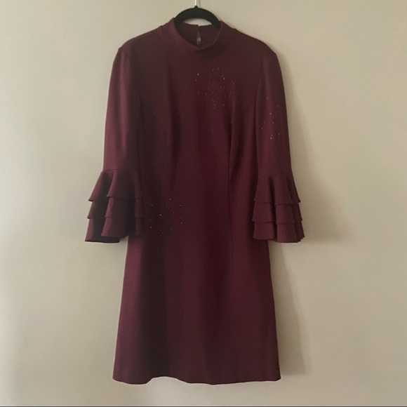 Trina Turk Dark Red Bell Sleeve Studded Turtleneck Mini Cocktail Dress - Picture 3 of 8